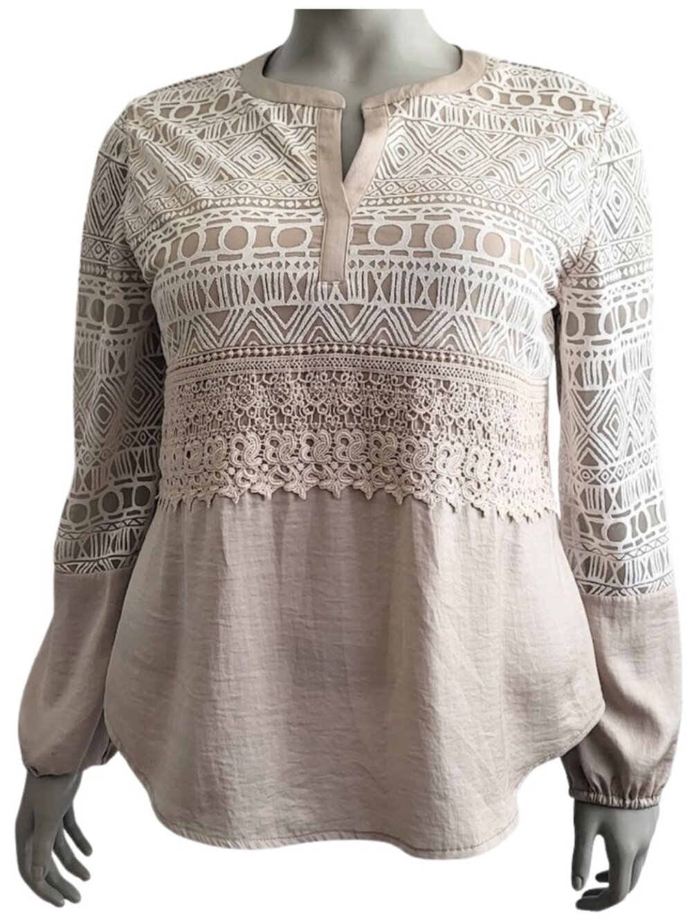 CHICO'S Soft Neutral Embroidered Lace Bohemian Burnout Top - Women's 2 (L-12)